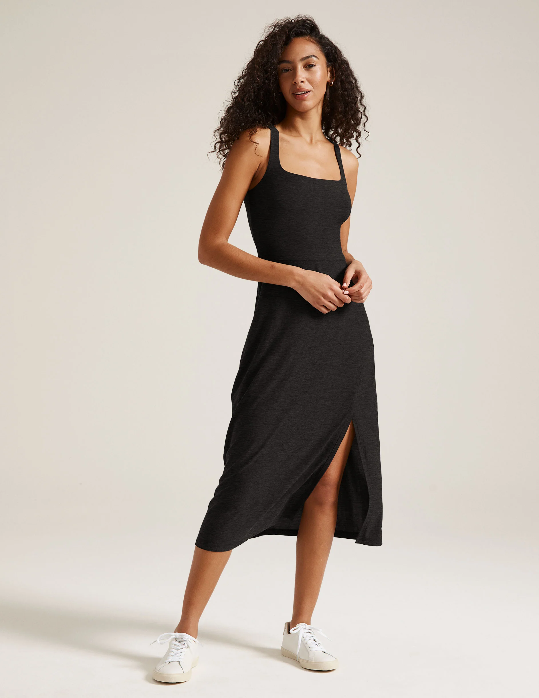 Featherweight Square Neck Slit Midi Dress - Onhollan