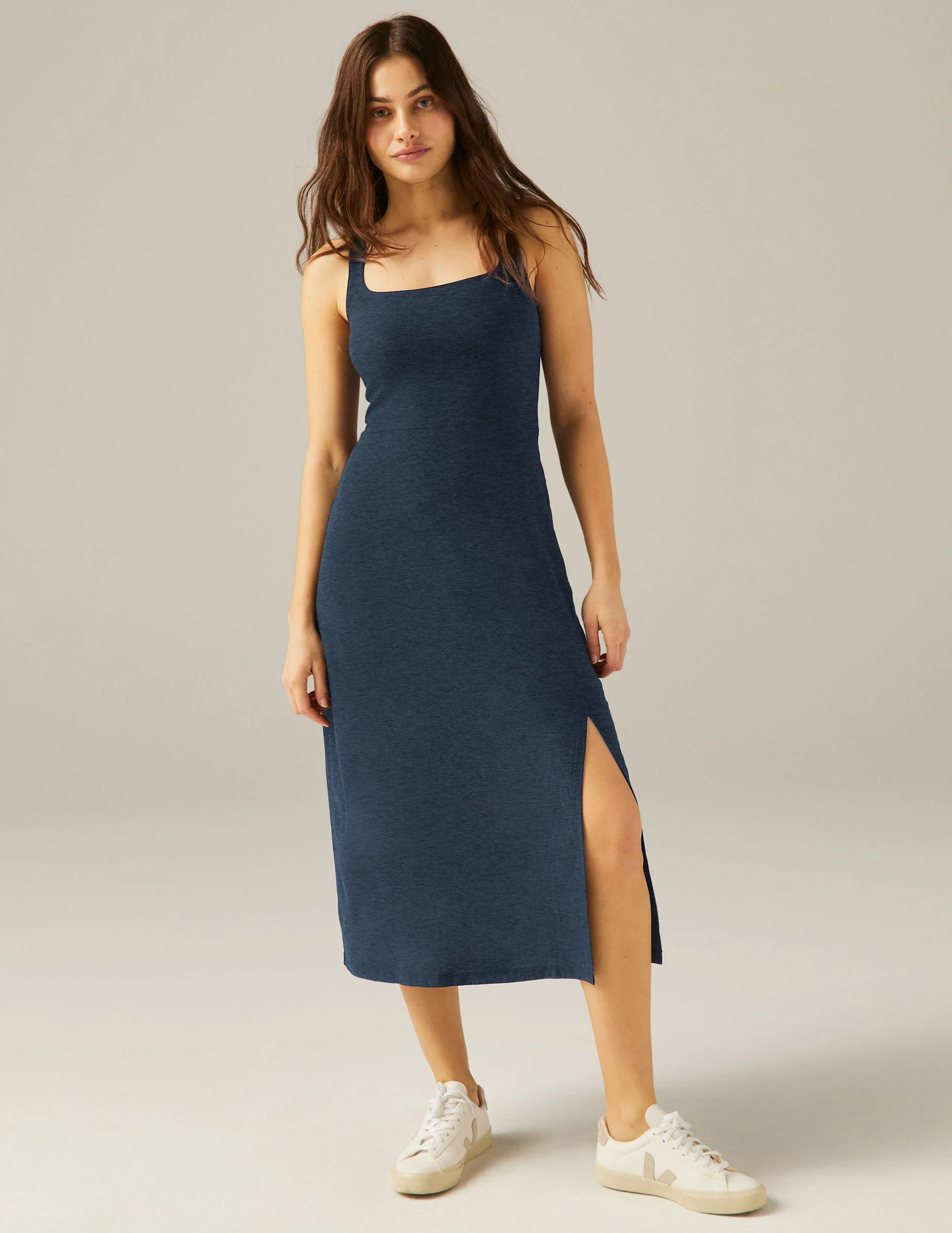 Featherweight Square Neck Slit Midi Dress - Onhollan